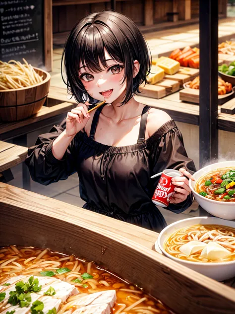 highest resolution,highest quality,smiling while looking at the ramen,girl with open mouth and saliva dripping,black short hair,...