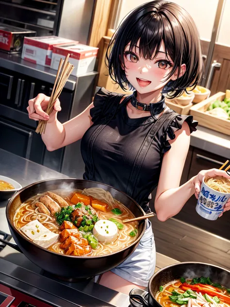 highest resolution,highest quality,smiling while looking at the ramen,girl with open mouth and saliva dripping,black short hair,...