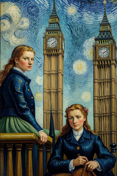 peinture filles de dos devant big ben dans le style de van gogh