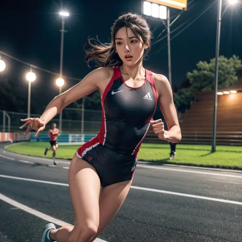 young female athlete racing on the road, long flowing black hair, sleek and aerodynamic running wear, intense expression, severa...