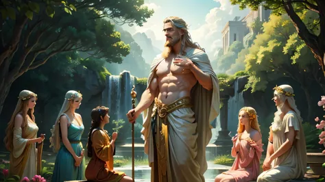 a breathtakingly realistic portrait of zeus, the greek god of the sky, standing proudly amidst a lush garden, surrounded by ench...