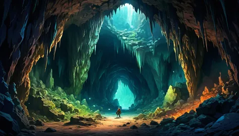 (anime, fantasy, cave), (best quality, high resolution, depth of filed, hdr:1.2),vibrant colors, mysterious atmosphere, cave, st...