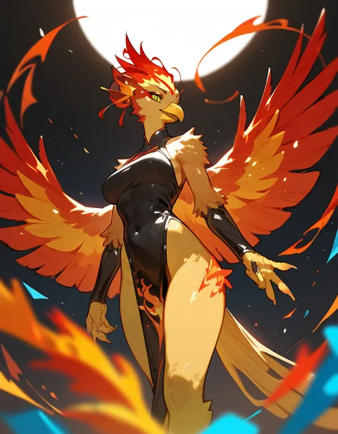 score_9, score_8_up, score_7_up, an anthro phoenix girl, avian female, standing, yellow eyes