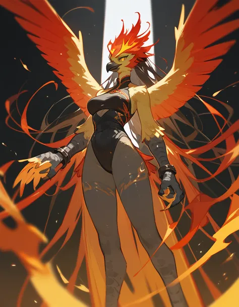 score_9, score_8_up, score_7_up, an anthro phoenix girl, avian female, standing, yellow eyes