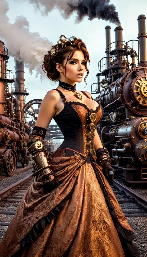 a steampunk-themed scene of a woman in a victorian-style gown with mechanical embellishments. the gown transitions from copper t...