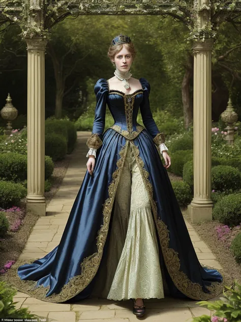 fantchar,a 1800's victorian era queen dressed in an ornate gown and walking through an elaborate garden, realistic, highly detai...