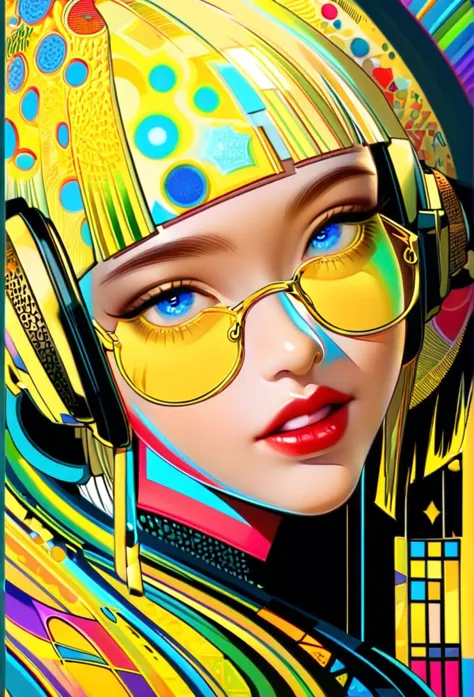 (((yellow glasses:1.3))), headphone, short hair, blunt bangs,please turn the provided image into a painting keeping the same aga...