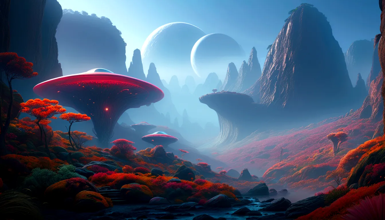 science fiction, lush alien landscape, vibrant flora, mysterious rock formations, atmospheric lighting, fall, misty mist, distan...