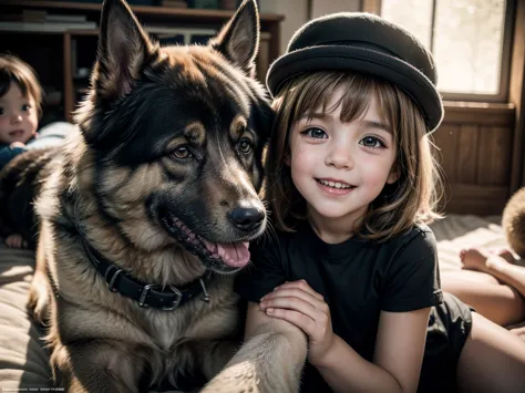 a german shepherd dog interacting with children wearing a funny hat, highly detailed, 4k, ultra realistic, photorealistic, profe...