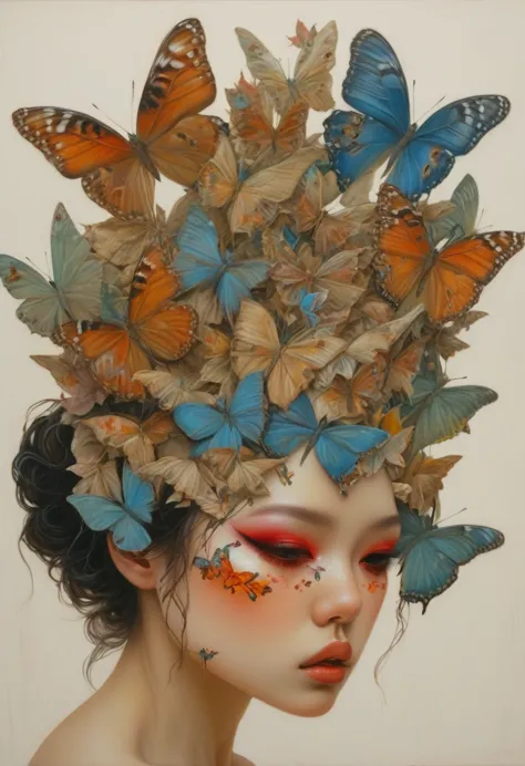 oil painting of a woman with a butterfly mask on her head, jonathan young pintura, adriano borda, moths crawling on my face, mix...