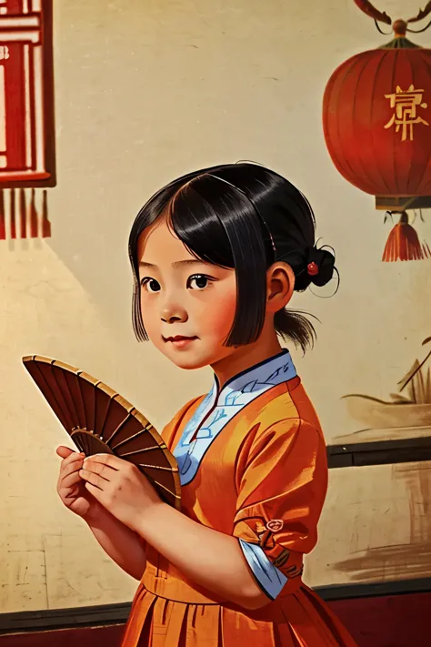 puwei, china, 1830. a little ((((7-year-old)) lily)), girl, with a ((fan)), ((((chinese clothings from the 1830s)))), ((short bo...