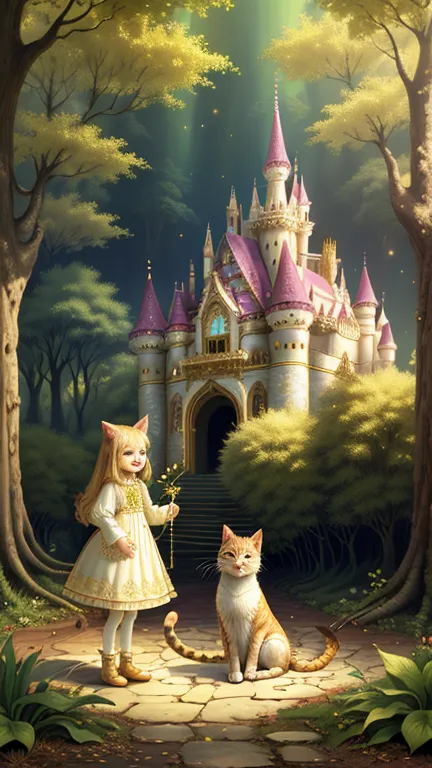 girl, forest castle background, ivory gold ai psychedelic magic, cat, fairy, clean, bright, smile