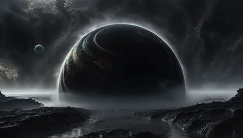 (((planets almost touching exchanging matter))), on a stormy gray day a giant black planet is seen, r style.h. giger very close,...