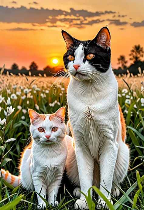 orange white cat with black white cat isit n the middle of beautiful field at morning watching the sunrise