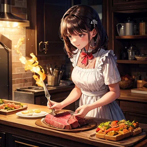 a woman in a dress cutting roast beef