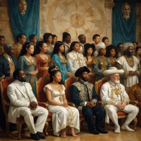 nobles, aristocrats and royalty (de varias ethical negroes, whites, asian and indigenous), watching a show at the theater, with ...