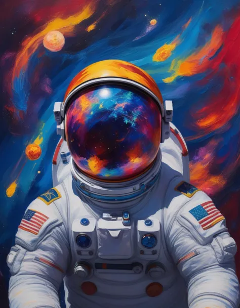 a fauvist-inspired painting of an astronaut floating in space. the astronaut's suit is depicted in bold, non-naturalistic colors...