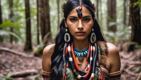 brazilian indian, at the forest, holding a coral snake, hyper realistic face, with details, adorned with indigenous clothing