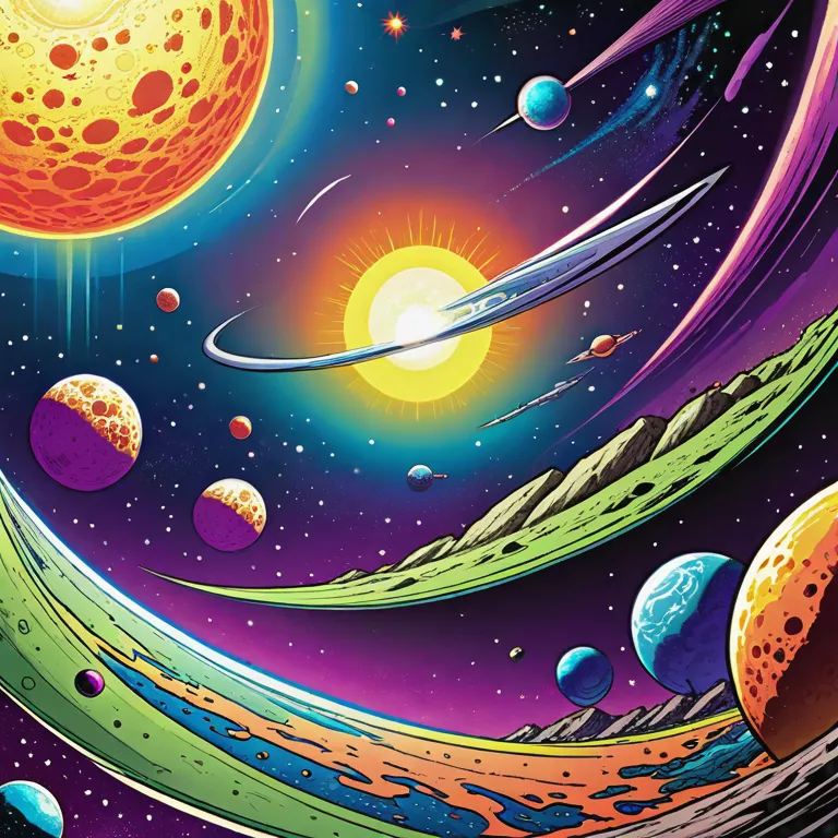 a close up of a painting of planets and a sun