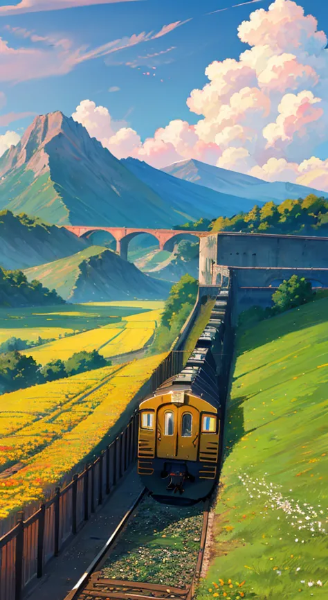 ((rolling mountains)),sunlight，railway，train，cloud，flower petals flutter