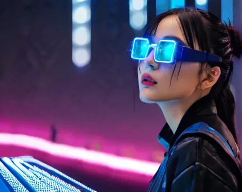 cyberpunk,girl with blue glasses,luces led.