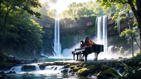 ((full shot))((long shot)), high quality, fantastic, mysterious, sunlight through trees, ((alone))(huge waterfall), sitting far ...