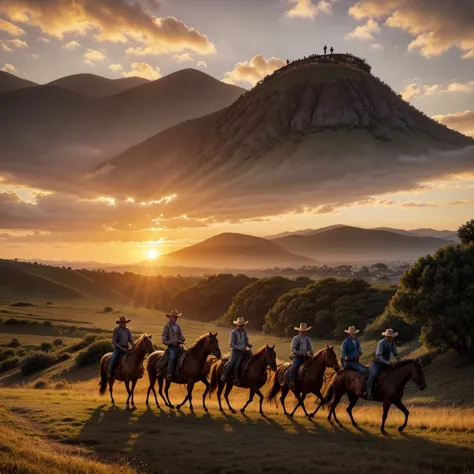 create an image of an orange sunset on a hill, with cowboys with horses riding on the hill. escureça os cowboys e os cavalos