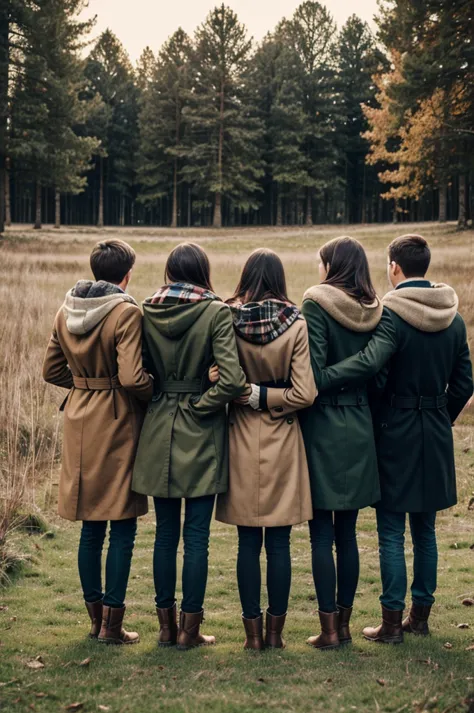 create an image of 9 teenagers. 5 men and 4 girls. they're standing in the grassy ground facing the forest.they're all wearing a...