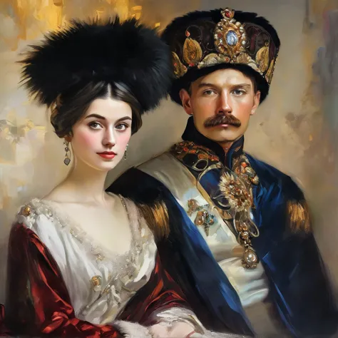 painting of a man and woman in a fur hat and gown, royal portrait painting, royal portrait, wlop and andrei riabovitchev, tuomas...