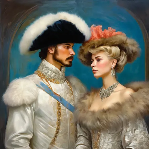 painting of a man and woman in a fur hat and gown, royal portrait painting, royal portrait, wlop and andrei riabovitchev, tuomas...