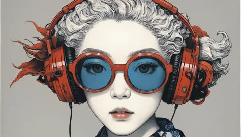 (((katsushika hokusai))), ((japanese)), light colored sunglasses, japanese style headphones, straighthair, horror elements