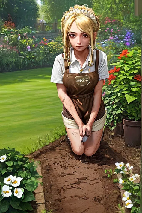 ((female, blonde hair, brown eyes, in a garden, wearing dirty apron and shorts, on knees, , trowel in hand, gardener, 4k, great ...