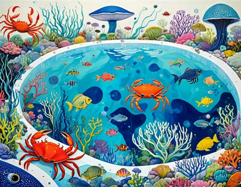 &quot;dick ellescas artist style&quot;,(((swimming pool)))，marine life、crab、fish，tentacles，bird、eye、autistic patient、diatom，stit...