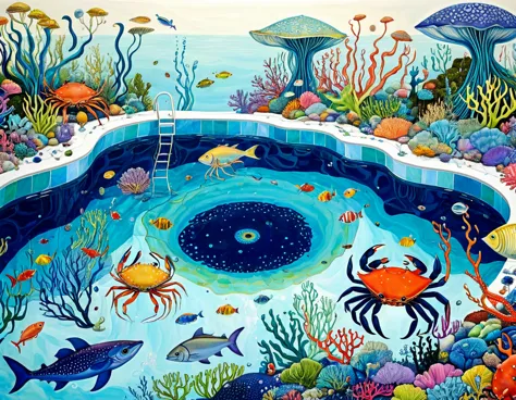 &quot;dick ellescas artist style&quot;,(((swimming pool)))，marine life、crab、fish，tentacles，bird、eye、autistic patient、diatom，stit...