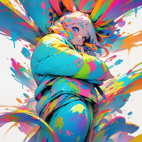 full body, cute, colorful, cartoon, paint splashed, colorful outfit.