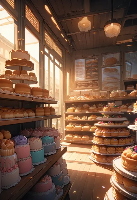 shop of cakes, bakery, no people, empty shop, great lighting, bloom, super detailed, super fine, highres, colorful, masterpiece,...