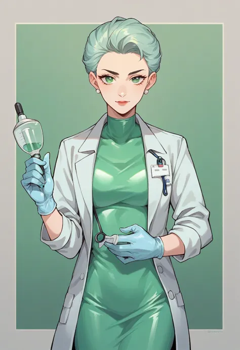 1girl, ((light blue gloves)), ((surgical gloves)), ((latex gloves)), ((long sleeves)), ((green surgeon outfit)), ((doctor)), loo...