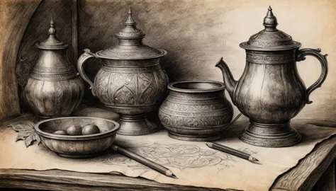 old libors, on a table, medieval design, charcoal pencil drawing on old paper