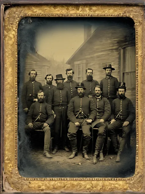 in a dusty old frame, a yellowed
daguerreotype depicts a group of
civil war soldiers standing
stoically in front of their barrac...