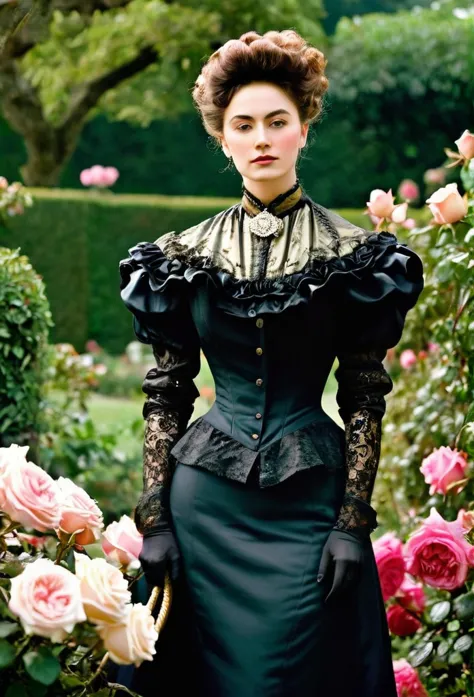 (( woman portrait)), ( victorian fashion style), rose garden, classic, rotten row, english style, nobleman, elegantism,scene of ...