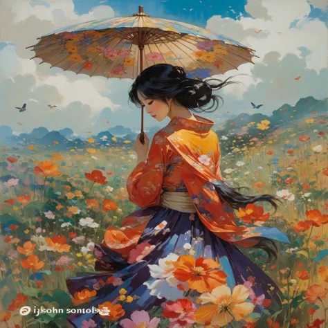 painting of a woman in the flower field holding an umbrella, jan j, by jeong seon, jin non, chen lin, written by xie sun, kim wh...