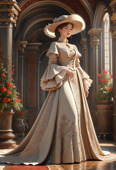 woman in luxurious long dress、hat、renaissance design、intricate detailed, digital art、octane render、3d rendering、