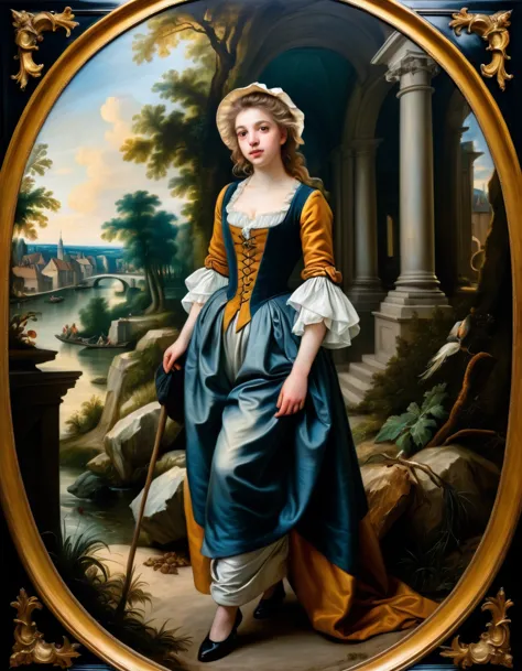 [[full-length view: young attractive girl ((style jean baptiste greuze))]/[background: (amazing renaissance landscape based on p...