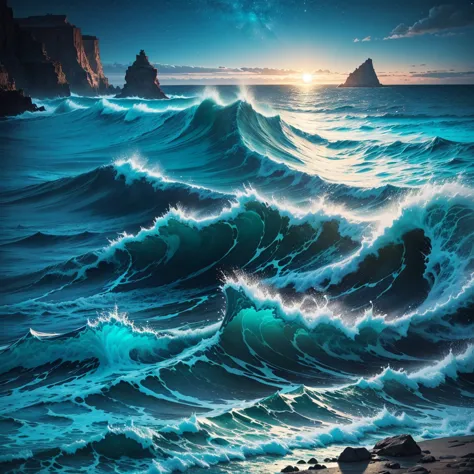 a night scene of a turquoise-colored sea with waves crashing against rocky cliffs. the moonlight reflects on the water, highligh...