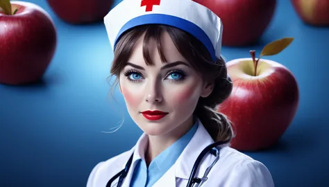 movie movie nurse,  face blue red theme, delicious fresh apples . shallow depth of field, vignette, very detailed, high-budget h...