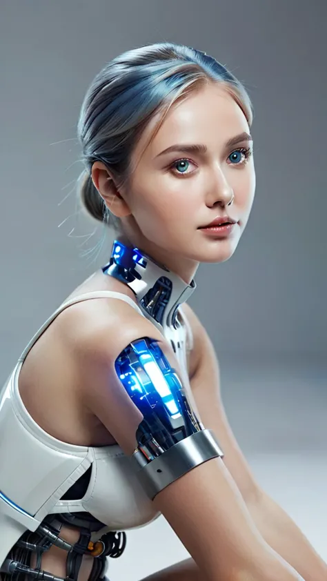 ```
full-body female cyborg, 100% visible from head to toe, including feet.
16:9 aspect ratio, subject centered, occupying 75% o...