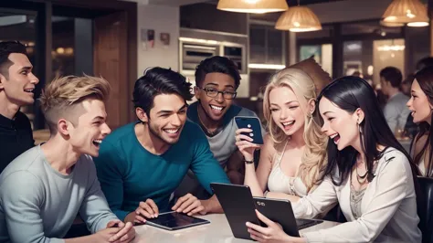 a vibrant scene of monkeys, aliens, and a group of humans, male and female, enjoying social media. while looking at their phones...