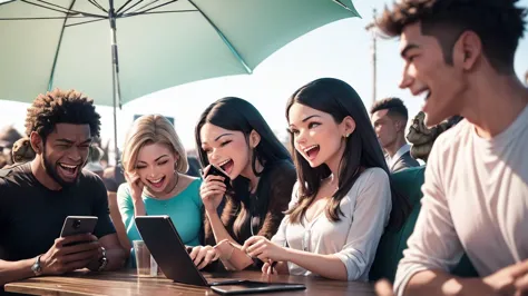 a vibrant scene of monkeys, aliens, and a group of humans, male and female, enjoying social media. while looking at their phones...