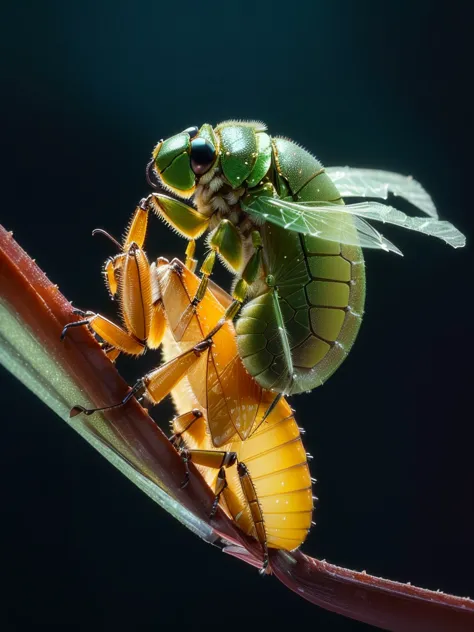 close up of a bug on a long stem plant, award winning macro photosgraphy, cicada wings, macro photos, award-winning color photos...