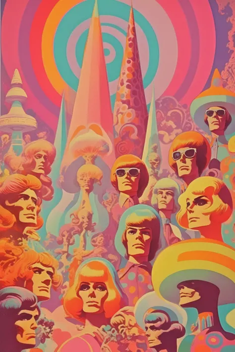 victor moscoso style - 1960's psychedelic murshoorms in pastel color tones